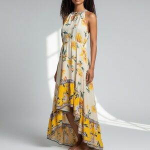 NWT Flying Tomato High Low Halter Yellow Floral Maxi Dress Womens Small